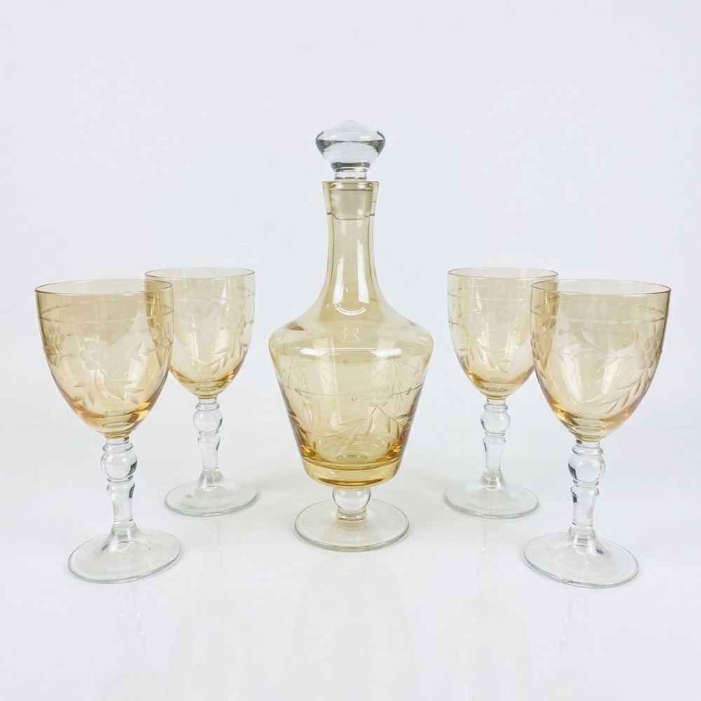 Vintage MCM Bohemian Amber Etched Glass Decanter 4 Wine Glass Stemware